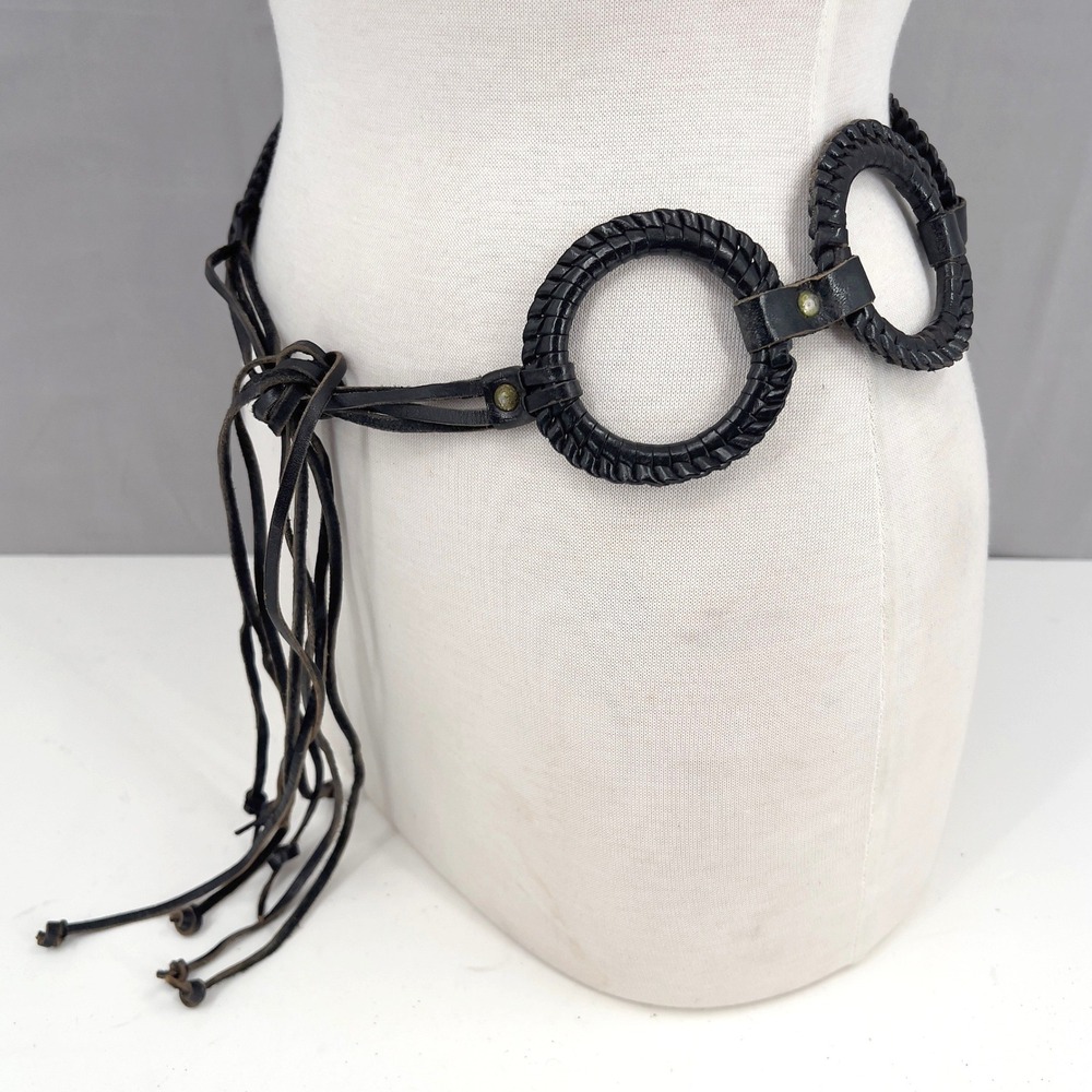 Vintage Y2K Womens Black Leather Braided Ring Link Belt Tassel Tie Front Boho OS - Picture 2 of 4